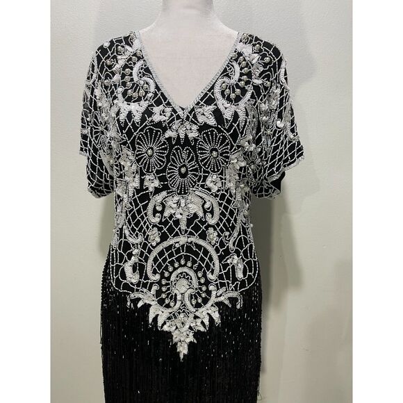 Aweelo maxi dress VTG beaded sequins fringed black white formal women 8-10 M - Picture 4 of 9